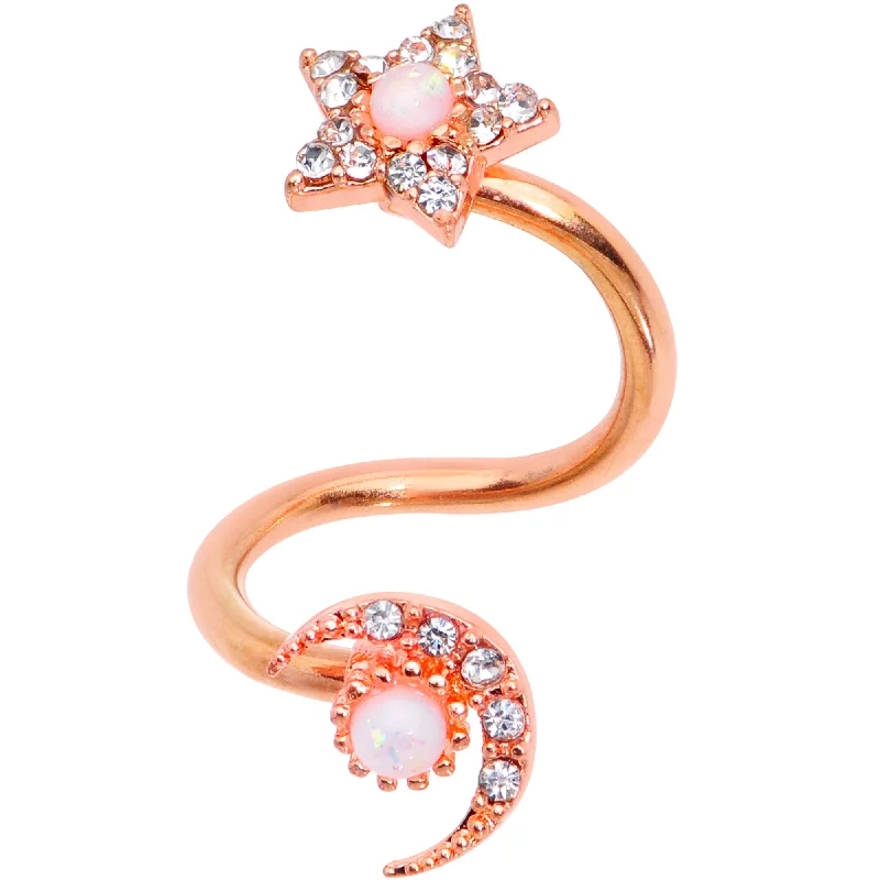 Elegant Belly Rings with Modern Touch -White Faux Opal Rose Gold Tone Moon Star Spiral Twister Belly Ring Elegant Belly Rings with Modern Touch -White Faux Opal Rose Gold Tone Moon Star Spiral Twister Belly Ring