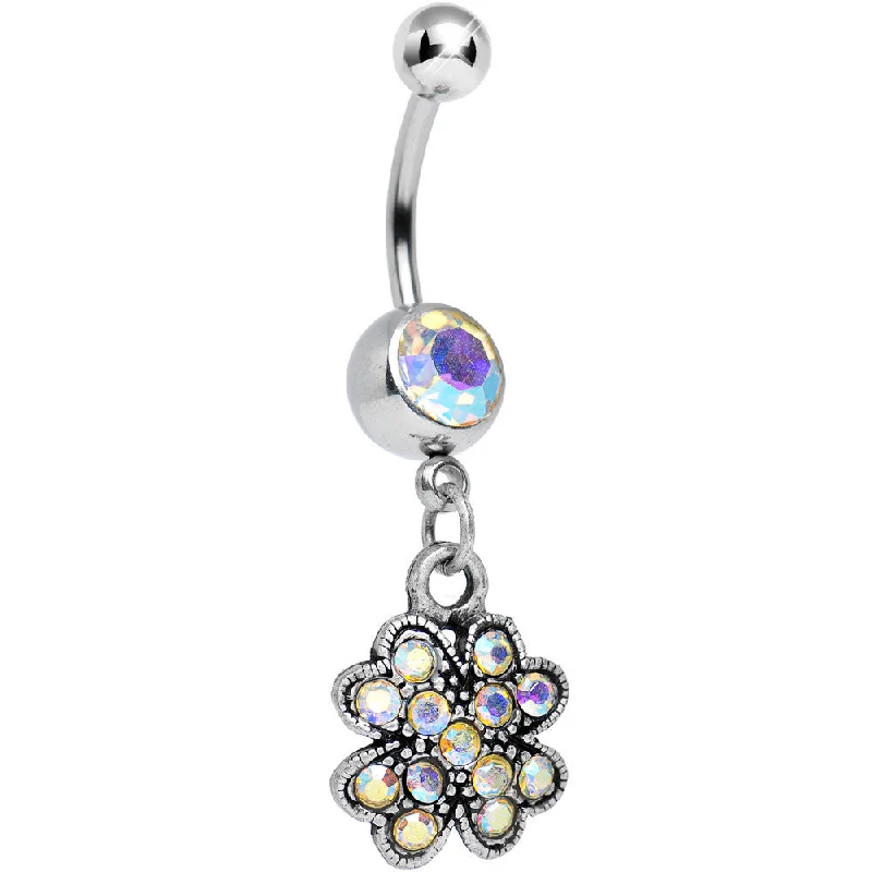 Trendy Belly Rings for Fashion Enthusiasts -Antique Silver Giant Clover Aurora Gem Dangle Belly Ring
