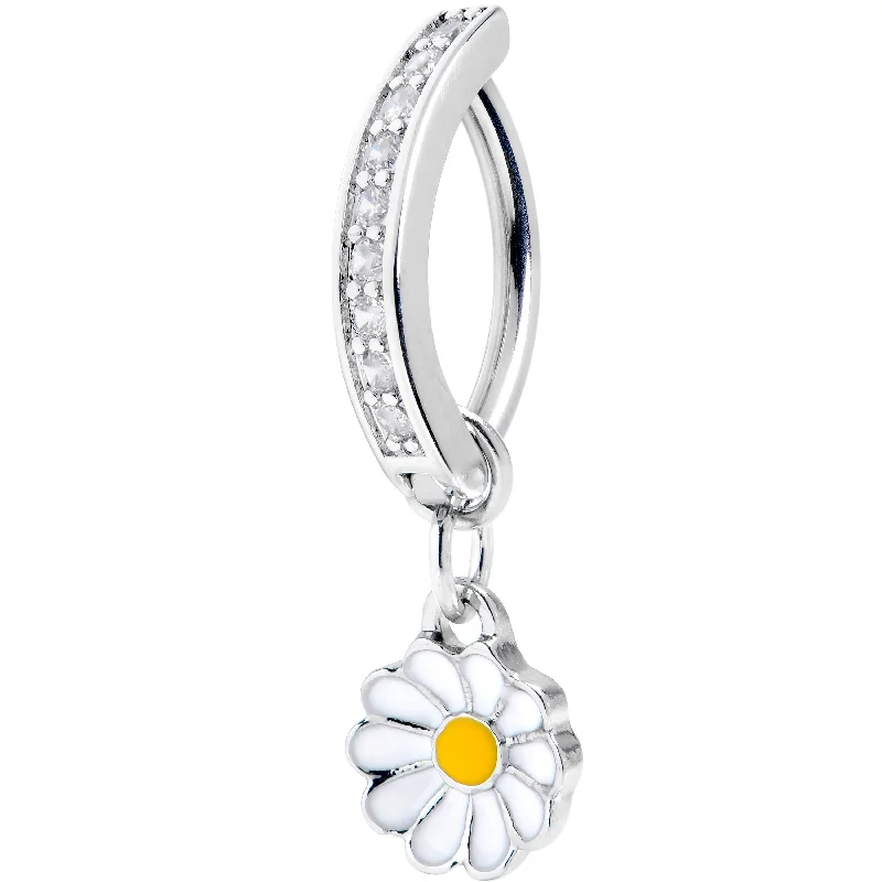 Belly Rings with Beautiful Detailing for Chic Style -14 Gauge 3/8 Clear Gem Grade 23 Titanium Daisy Dangle Hinged Hoop Belly Ring