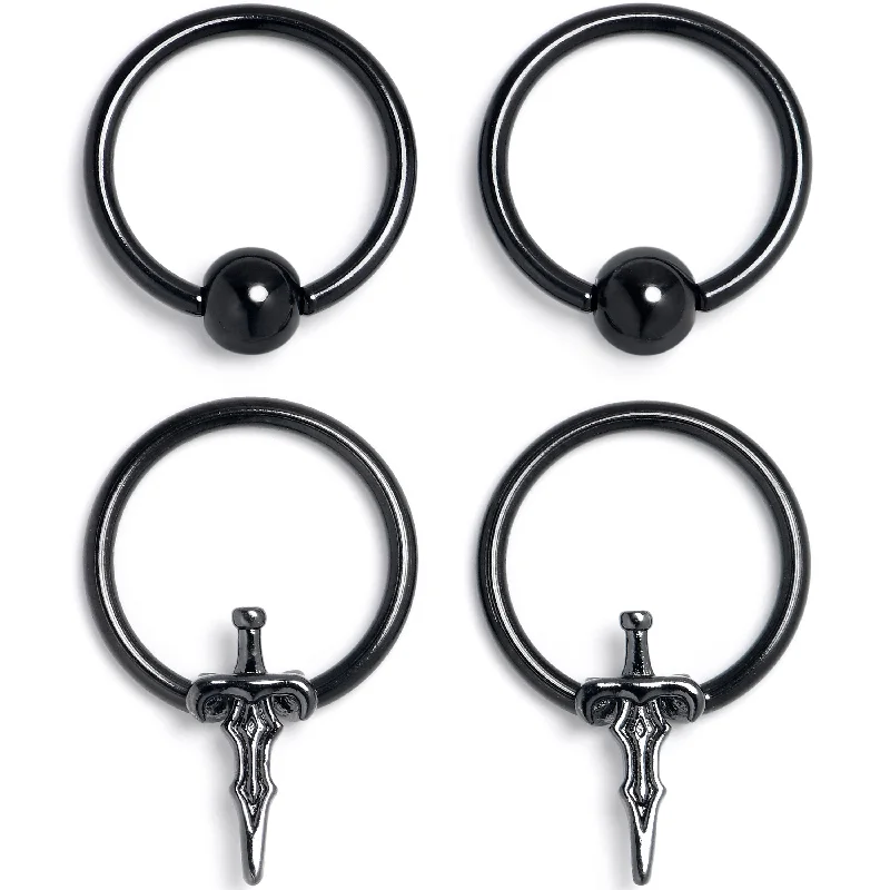 Women's Earrings – Elegant Designs for Every Personality--16 Gauge 3/8 Black Medieval Sword BCR Captive Ring Set of 4