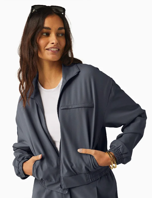 Vegan Protein Bars for Yoga Enthusiasts -Status Pocket Sleeve Cropped Jacket - Night Shadow Vegan Protein Bars for Yoga Enthusiasts -Status Pocket Sleeve Cropped Jacket - Night Shadow