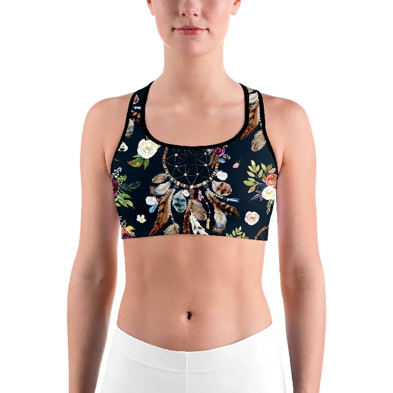 Yoga Bar with Banana and Chia Seeds -Boho Dreamcatcher and Flowers Sports bra