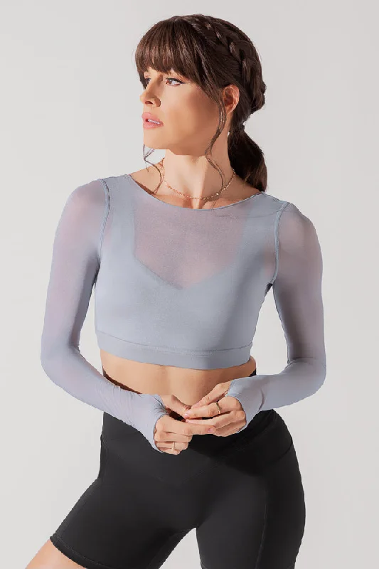 Yoga Bar for Vegan Protein -Coquette Long Sleeve Mesh Bra - Blue Stone