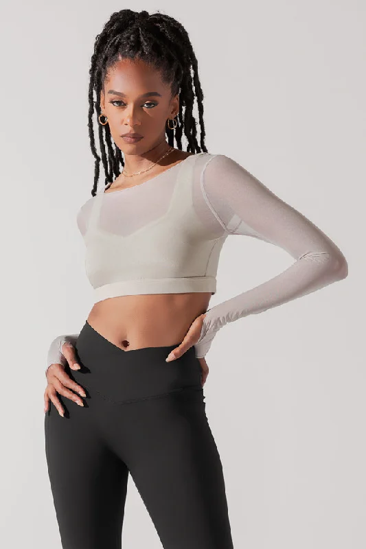 Yoga Bar for Protein and Prebiotic Fiber -Coquette Long Sleeve Mesh Bra - Grey Pearl
