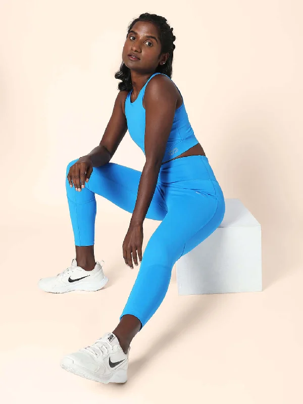 Natural Yoga Bar with No Additives -Electric Blue Cross back Crop Top & 7/8 Leggings