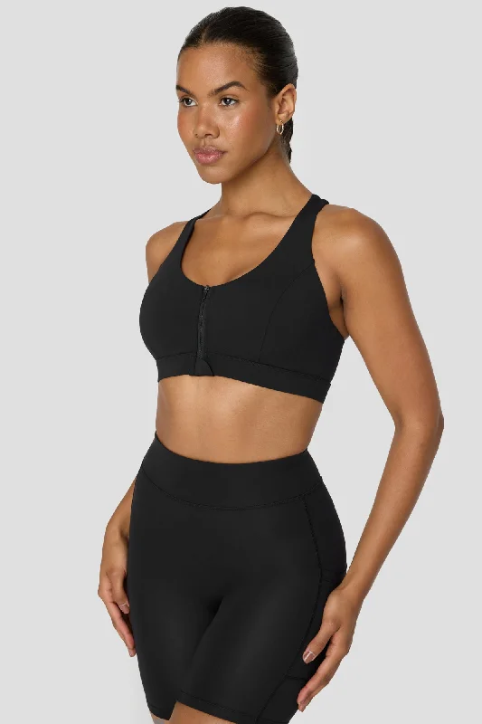 Yoga Bar for Focus and Concentration -FORMTECH ZIP FRONT OPEN BACK SPORTS BRA - BLACK