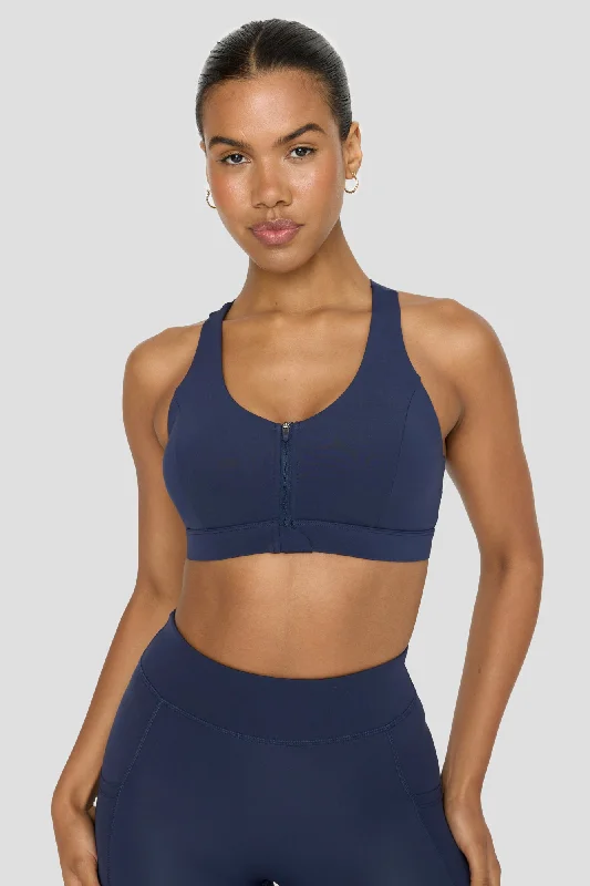 Yoga Bar with Organic Peanut Butter -FORMTECH ZIP FRONT OPEN BACK SPORTS BRA - NAVY