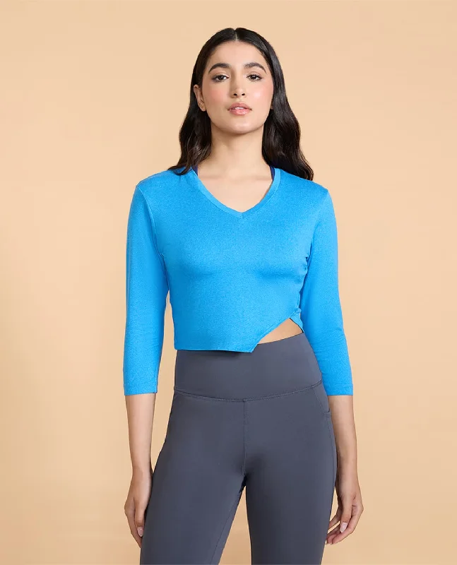 Yoga Bar with Macadamia Nuts and Chocolate -Full Sleeves Crop Top in Feather Feel Fabric Cobalt Blue