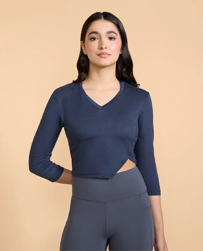 Yoga Bar with Sunflower Butter -Full Sleeves Crop Top in Feather Feel Fabric Grey