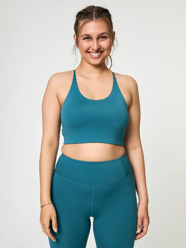 Gluten-Free Yoga Bar with Dates and Almonds -Girlfriend Collective Float Cleo Halter Bra - Dark Ixia
