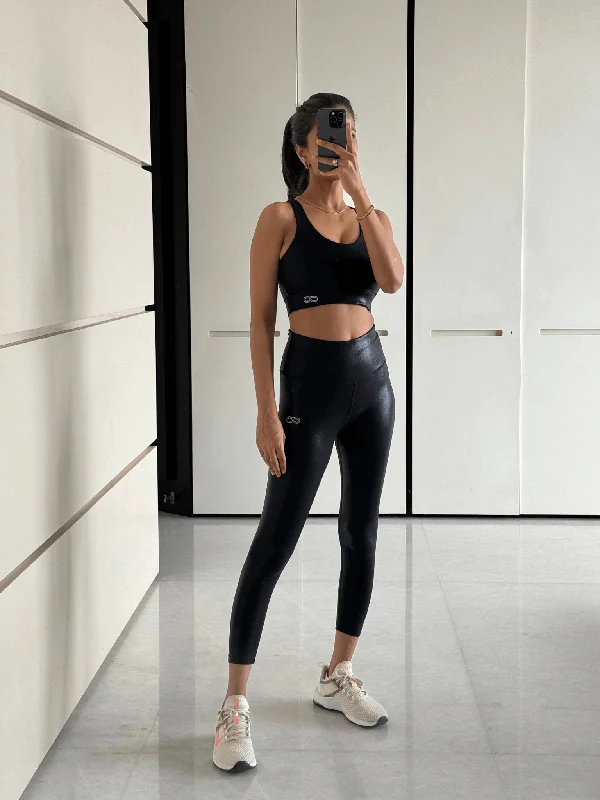 Yoga Bar for Active Women -Gloss Shiny Black High Impact Action Bra and Ath Track Leggings