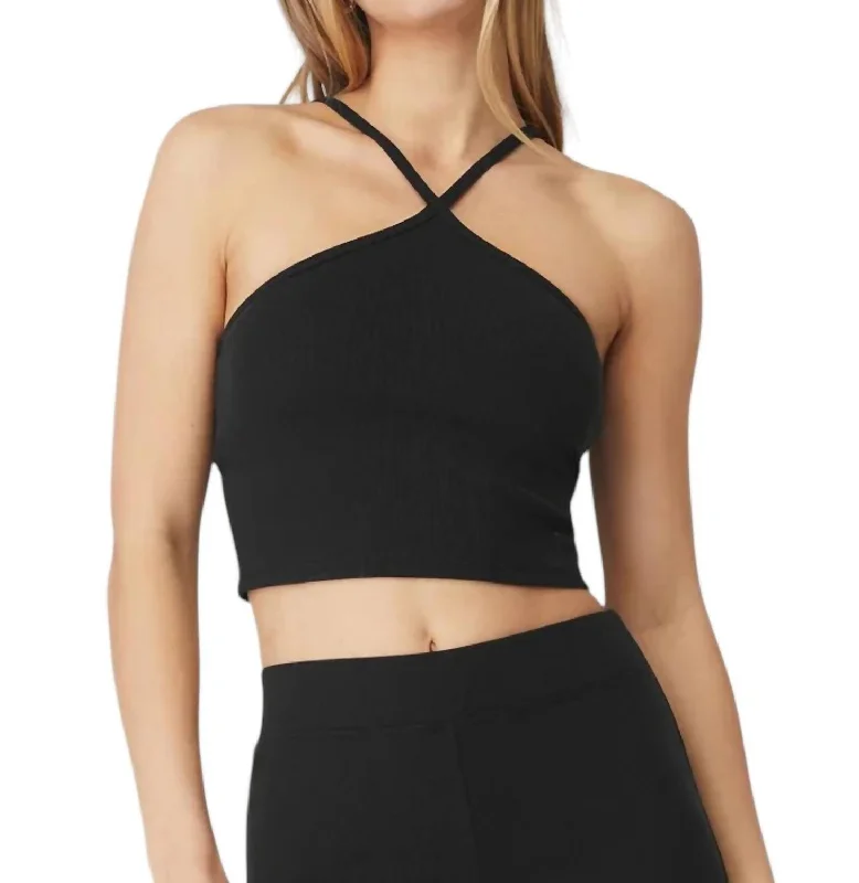 Yoga Bar with High-Fiber Ingredients -Goddess Ribbed Cross Crop Halter Bra Top In Black