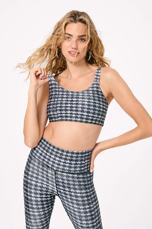 Yoga Bar for Hiking and Yoga -Hi-Shine Scoop Neck Bra in Houndstooth