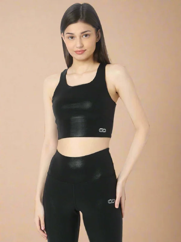 Plant-Based Protein Yoga Bars -High Impact Gloss Action Bra With Clasp Shiny Black