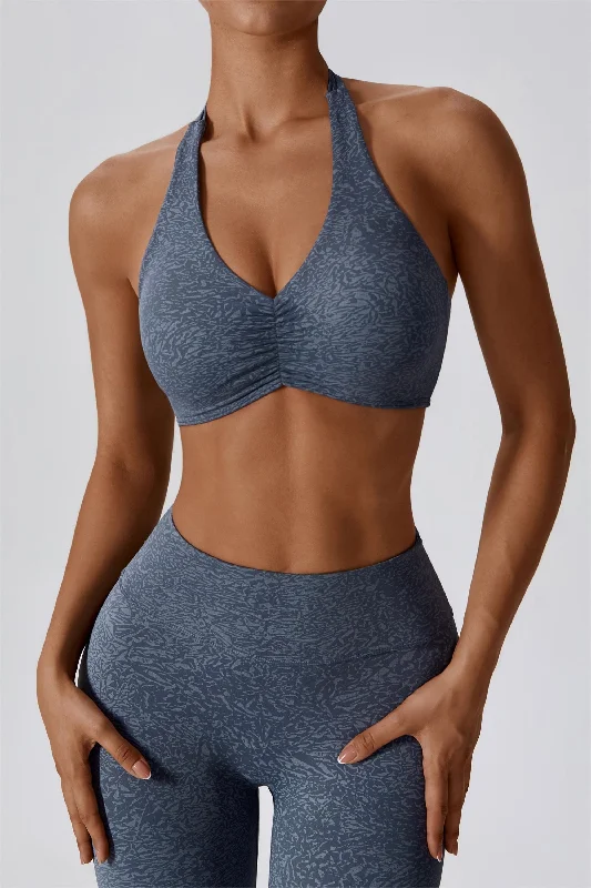 Yoga Bar Protein for Weight Loss -Patterned Ruched Deep-V Halter Sports Bra
