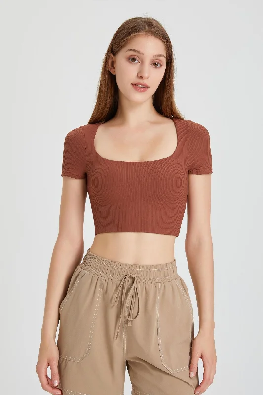 Yoga Bar for Busy Athletes -Ribbed Short Sleeve Top with Built-In Bra