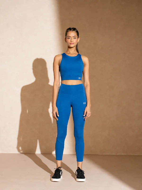 Yoga Bar with No Artificial Ingredients -Sapphire Blue Cross Back Crop Top & 7/8 Leggings