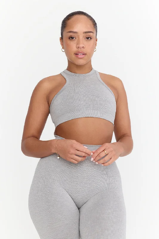 Yoga Bar Protein Bars -SCULPT SEAMLESS RIBBED RACER SPORTS BRA - LIGHT GREY MARL