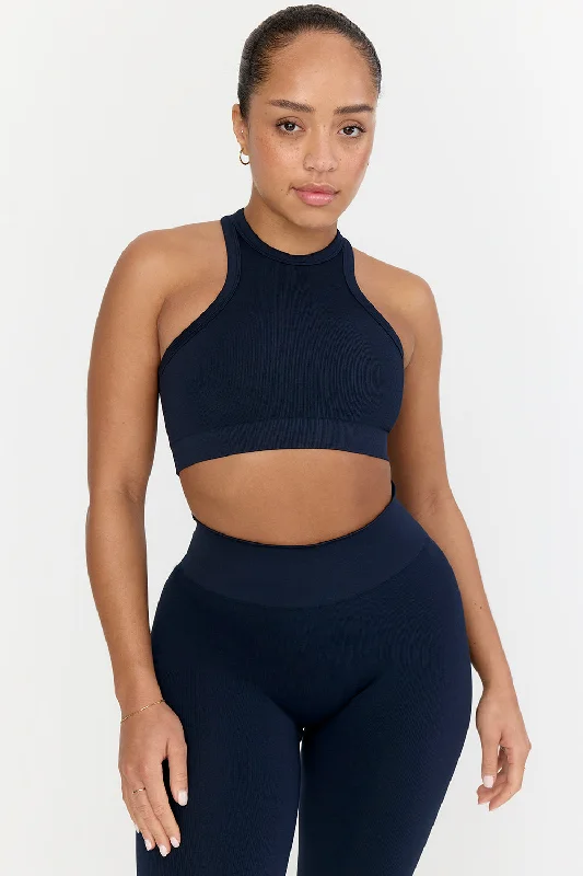Gluten-Free Yoga Bars -SCULPT SEAMLESS RIBBED RACER SPORTS BRA - NAVY MARL