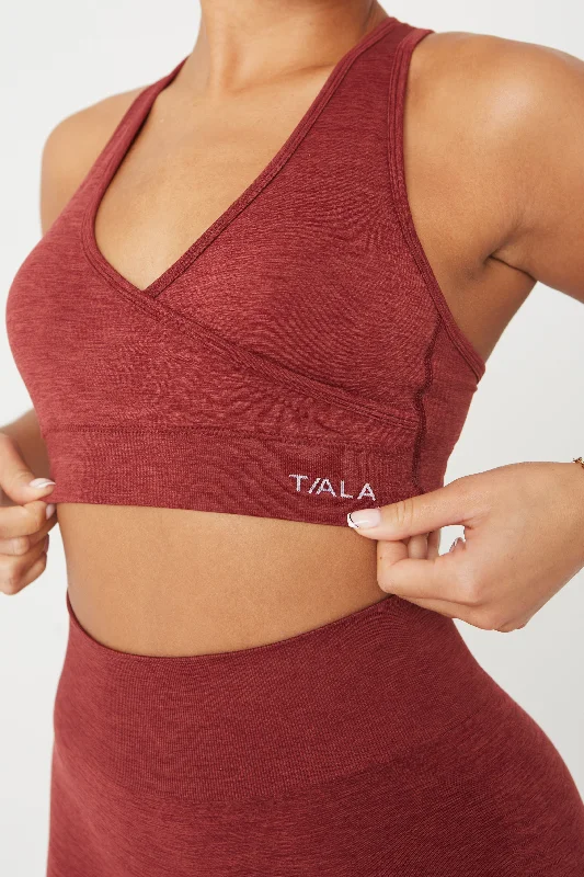 Yoga Bar with Cocoa Butter -SCULPT SEAMLESS WRAP SPORTS BRA - OXBLOOD RED MARL