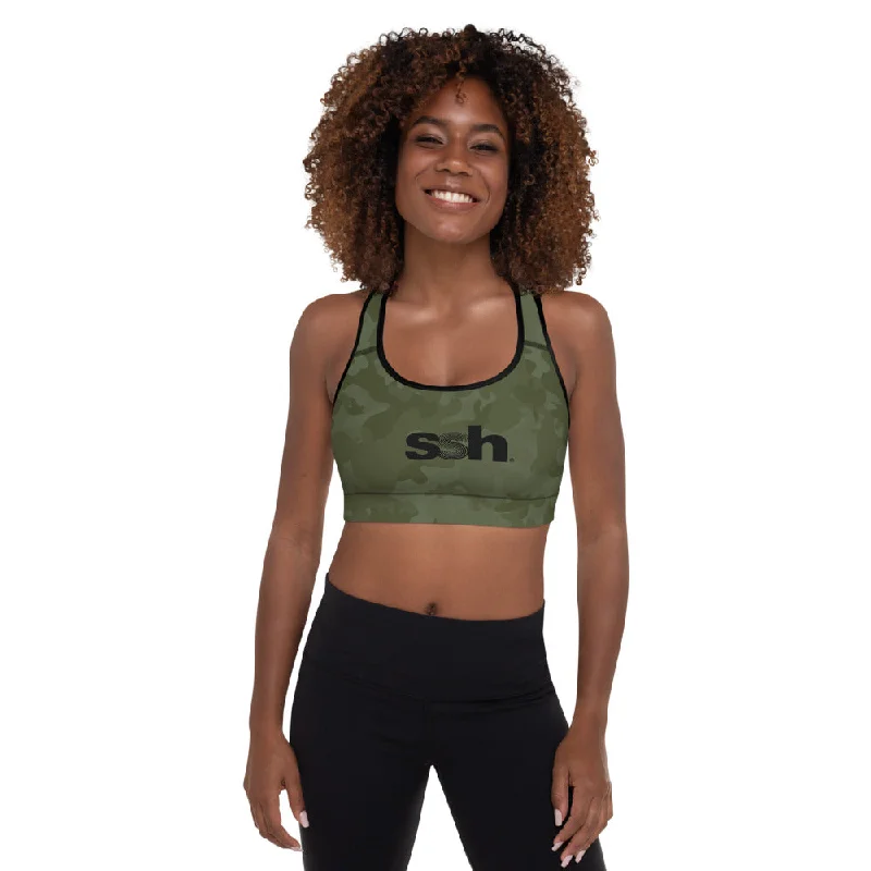 Yoga Bar with All-Natural Ingredients -Steve Silk Hurley's ssh® Branded Padded Sports Bra (Green Camouflage, Black Trim) Yoga Bar with All-Natural Ingredients -Steve Silk Hurley's ssh® Branded Padded Sports Bra (Green Camouflage, Black Trim)