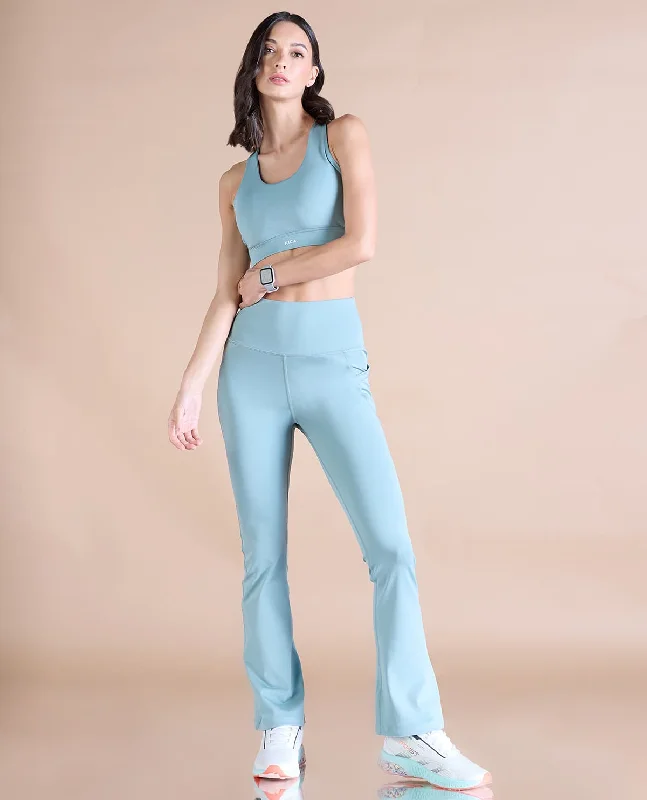 Yoga Bar for Performance and Recovery -Strappy Bra & Flare Pants - Surf Green