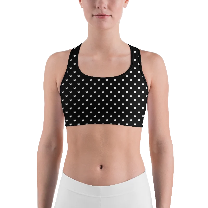Yoga Bar with Healthy Prebiotic Fibers -White Mini Hearts Black Sports Bra