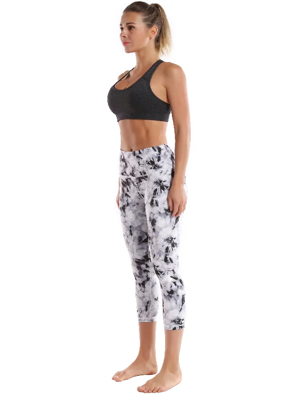 Lightweight Yoga Pants -19" High Waist Printed Crop Tight Capris black dandelion