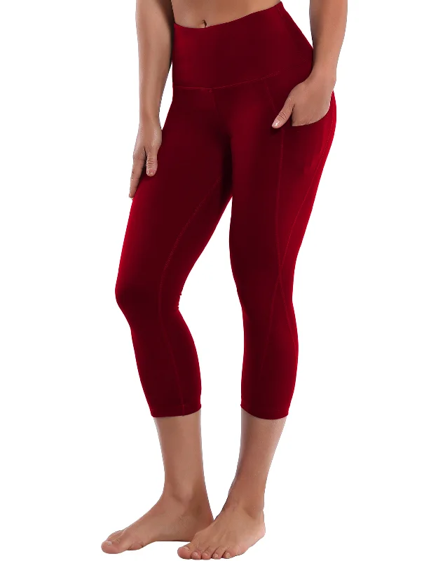 Stretchable Yoga Pants with High Waist -19" High Waist Side Pockets Capris cherryred