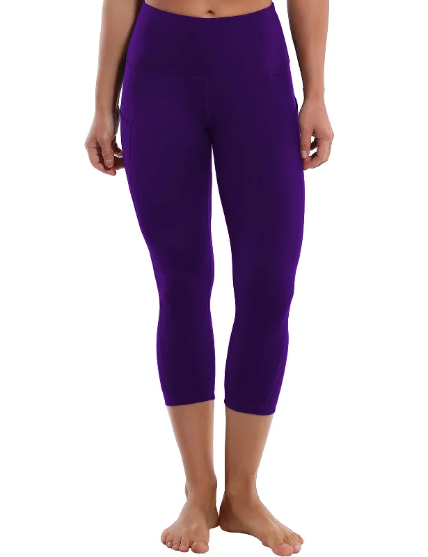 Yoga Pants for Relaxation Poses -19" High Waist Side Pockets Capris eggplantpurple
