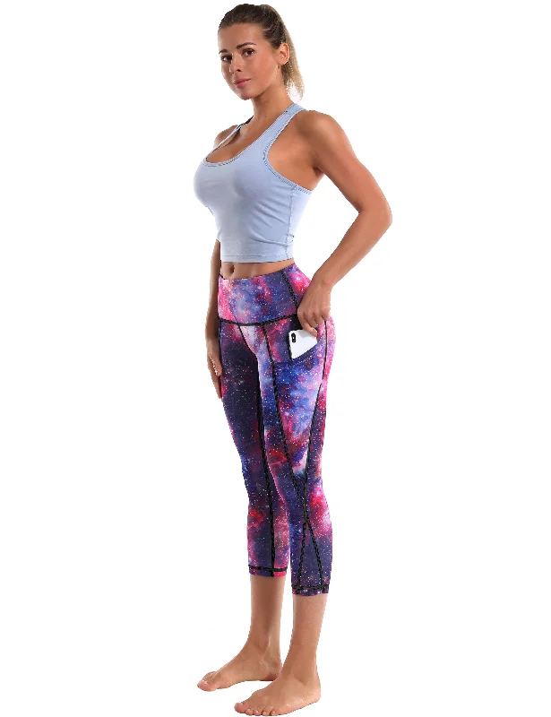 Yoga Pants with Anti-Chafing Features -19" High Waist Printed Side Pockets Capris galaxy