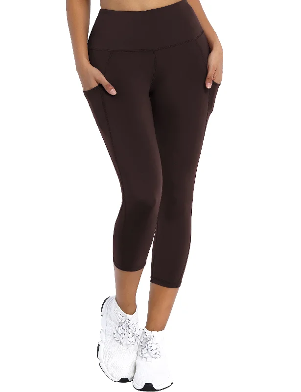 High Compression Yoga Pants -19" High Waist Side Pockets Capris mahoganymaroon