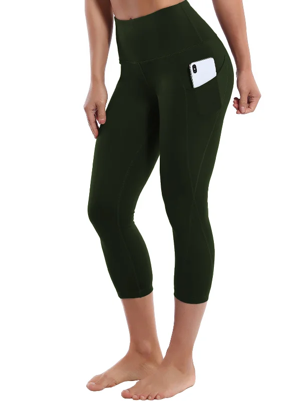 Quick Dry Yoga Pants -19" High Waist Side Pockets Capris olivegray