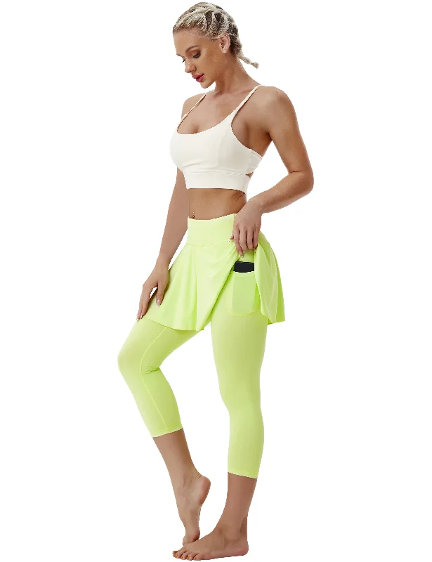 Comfortable Yoga Pants for Restorative Yoga -19" Capris Tennis Golf Skirted Leggings with Pockets neonyellow