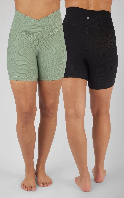 Soft Yoga Shorts for Pilates Practice -2 Pack Ribbed Crossover and Classic  Elastic Free Hight Waist 7" Shorts
