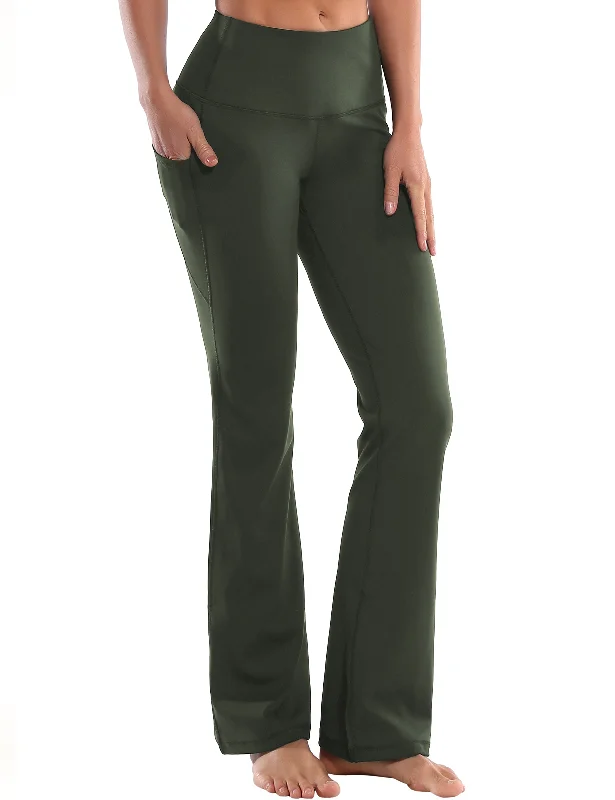 Yoga Pants for Performance -29" 31" 33" 35" 37"  Side Pockets Bootcut Leggings olivegreen
