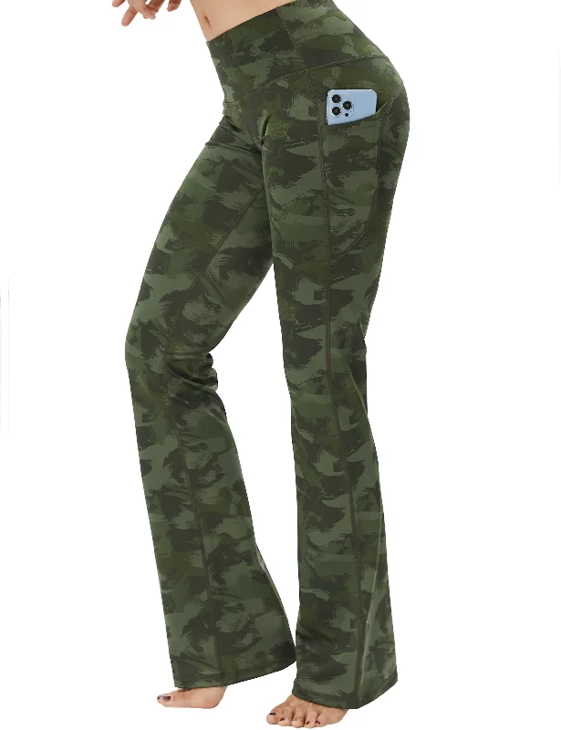 Breathable Leggings for Yoga -29" 31" 33" 35" 37"  Side Pockets Printed Bootcut Leggings green brushcamo