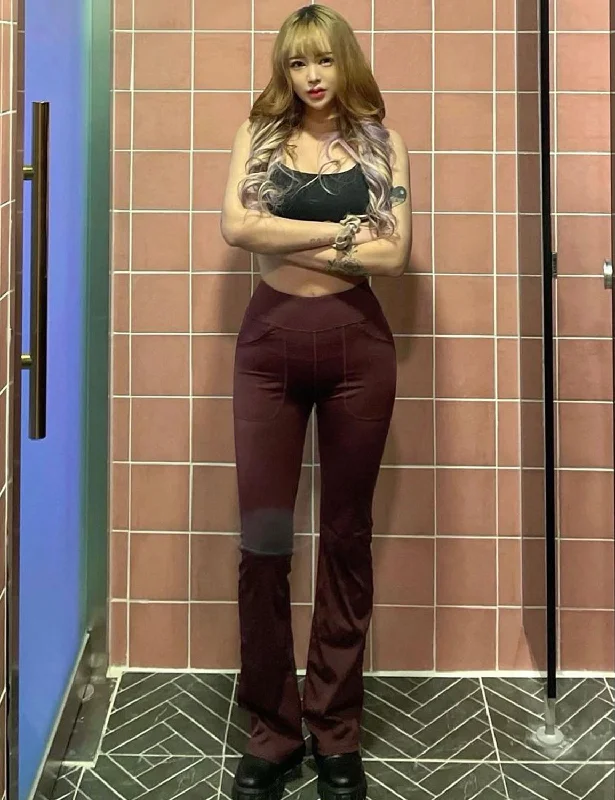 Yoga Pants for Mobility and Strength -29" 31" 33" 35" Bootcut Leggings with Pockets mahoganymaroon ins