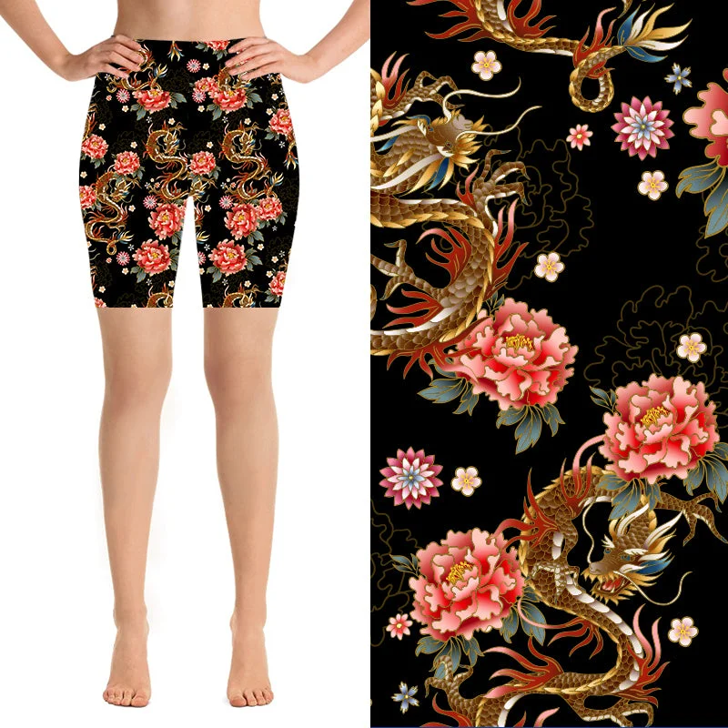 Women's Yoga Shorts for Core Strength -24/7 Biker Shorts - Orient Dragon