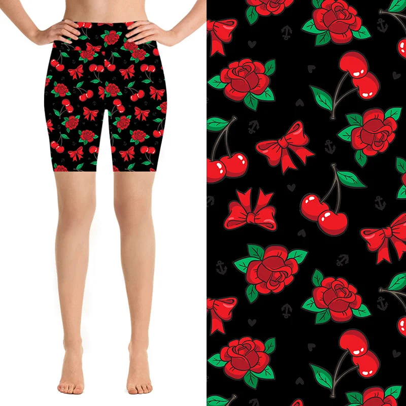 Stretchable Yoga Shorts for Poses and Movement -24/7 Biker Shorts - Cherries & Bows