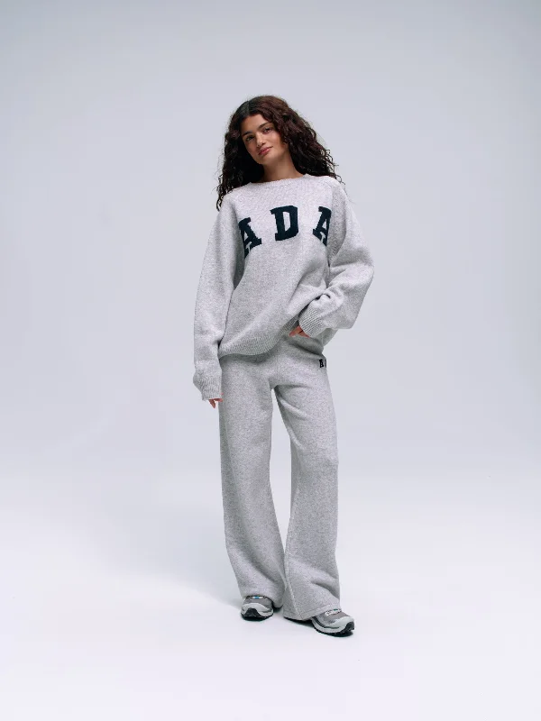 Full-Length Yoga Pants -ADA Knit Straight Leg Sweatpants  - Light Grey Melange/Navy Blue