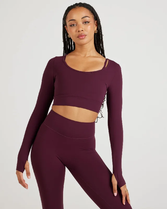Seamless Yoga Tops for Comfort and Style -Airey Scoop Crop Long Sleeve - Cherry Cola