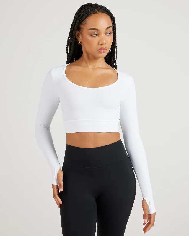 High-Neck Yoga Tops for Yoga Practice -Airey Scoop Crop Long Sleeve - White
