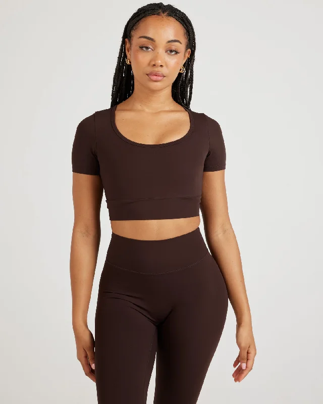 Yoga Tops with Full Coverage -Airey Scoop Crop Tee - Espresso