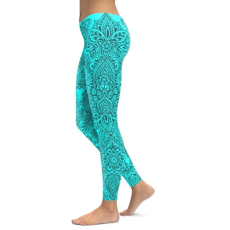 Flattering Yoga Pants for All Body Types -Aqua and Slate Grey Henna Tattoo Leggings