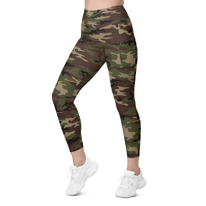 Yoga Pants with a Wide Waistband -Army Camo Leggings with Pockets