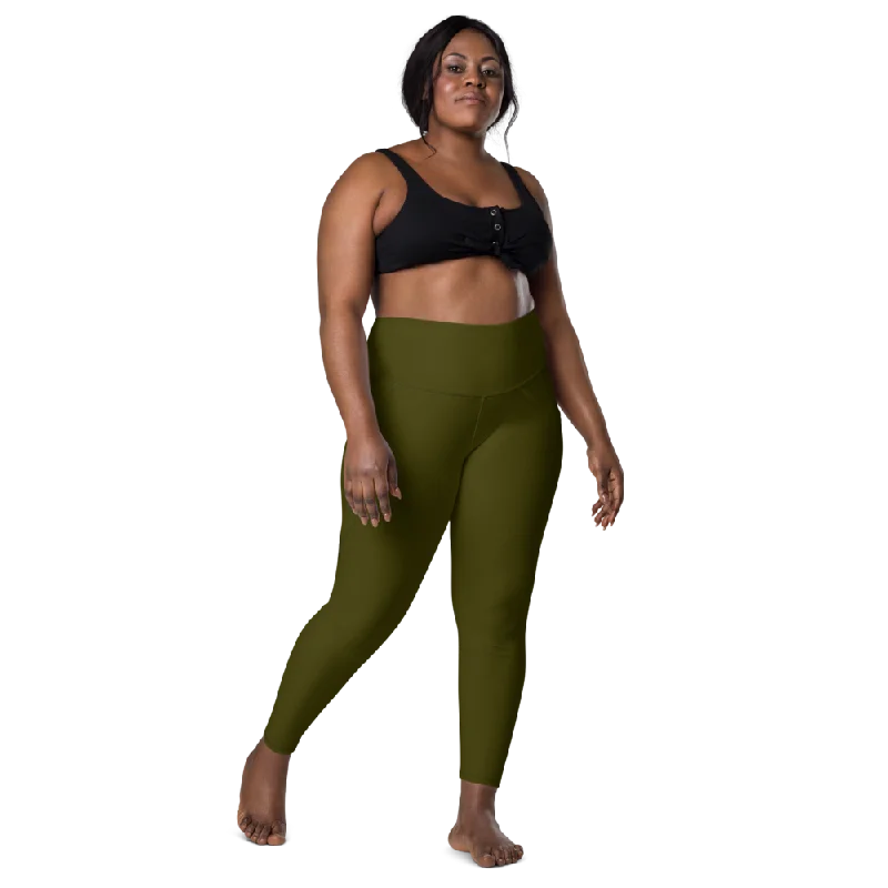 High Compression Leggings -Solid Army Green Leggings With Pockets