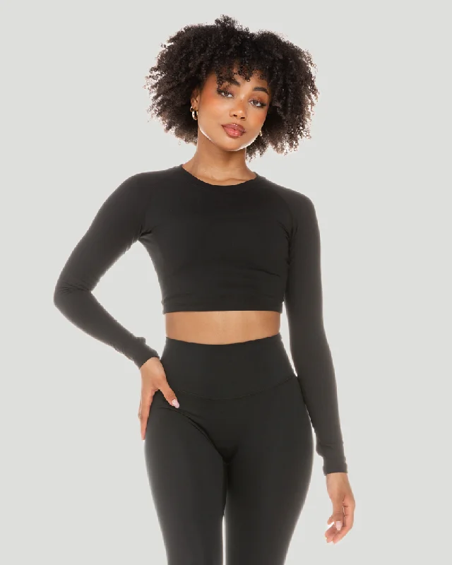 High-Waisted Yoga Tops for Better Fit -Aura Crop Long Sleeve - Black