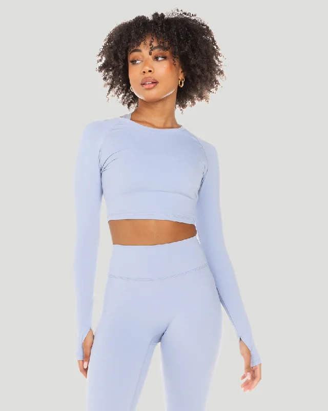 Women's Yoga Tops for Deep Stretching -Aura Crop Long Sleeve - Blue Blizzard