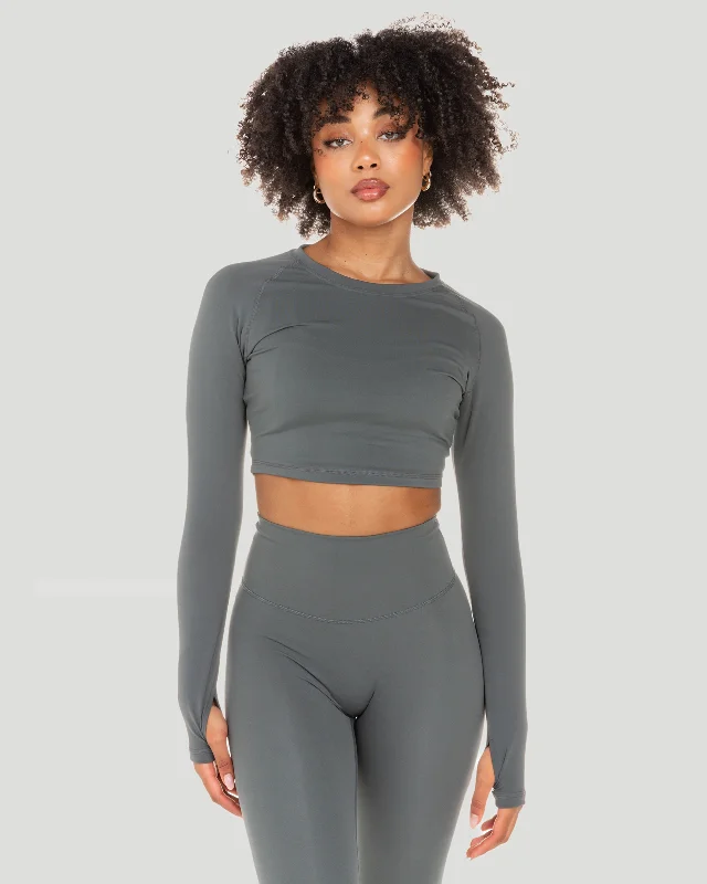 Stylish Yoga Tops for Flexibility and Comfort -Aura Crop Long Sleeve - Cloud Grey